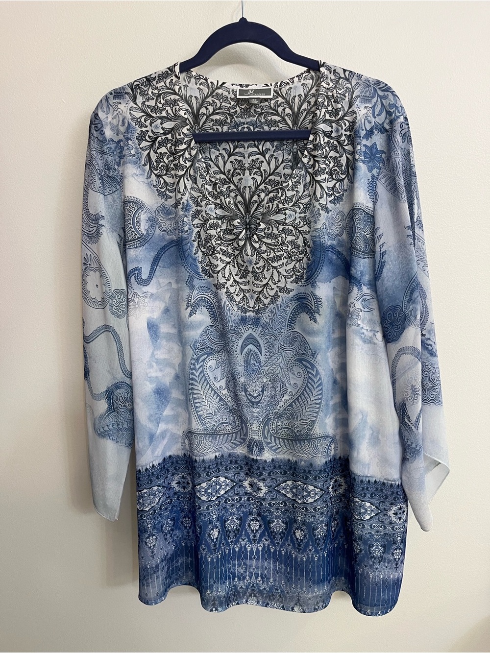 JM Collection 3X Blue Paisley Print Women's Tunic Top with tiny sparkling studs